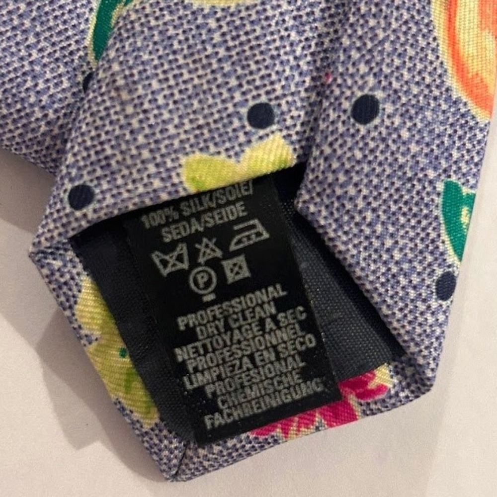 Marks & Spencer Mens Silk Tie Blue‎ Grey Orange Tulip Floral Polka Dot Print - Picture 6 of 8